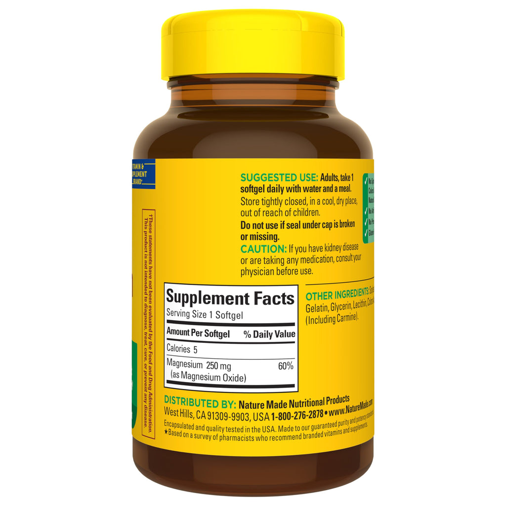 Nature Made Magnesium 250 mg, Magnesium Supplements for Men and Women, Support for Muscle, Heart, Bone and Nerve Health, 90 Softgels, 90 Day Supply Nature MadeBuy Supplements Australia