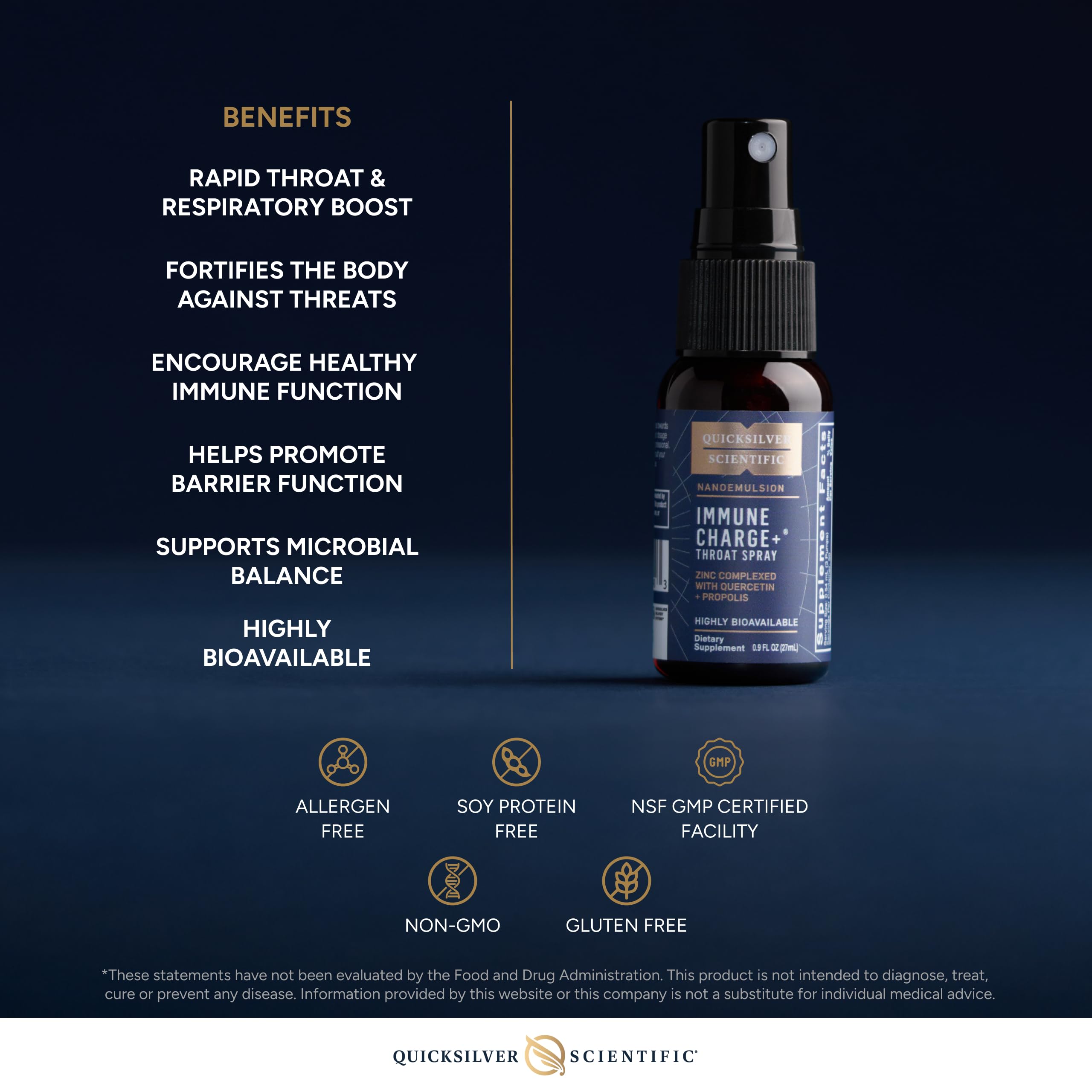 Quicksilver Scientific Immune Charge+ Zinc Throat Spray - Immune Support Liquid Supplement with Quercetin - 'Throat Coat' with Liposomal Absorption Technology (0.9 fl oz / 27ml) Quicksilver ScientificBuy Supplements Australia