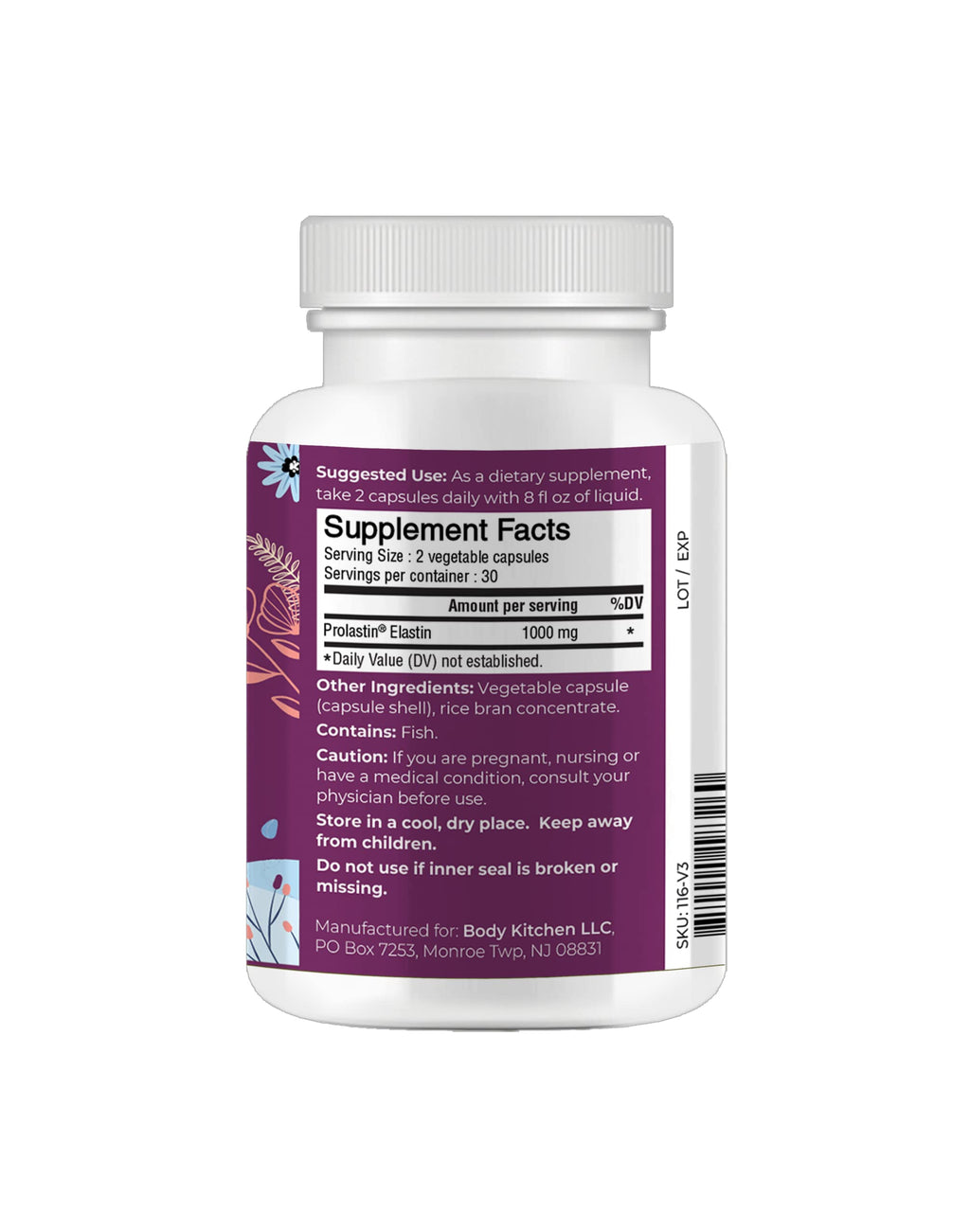 Body Kitchen Pro-Elastin, 1000 mg Elastin Supplement, Help Reduce Signs of Aging, Improved Skin Health, Firmness & Elasticity, Fewer Wrinkles, Veggie Caps, (Pack of 1) Body Kitchen buy supplements Au