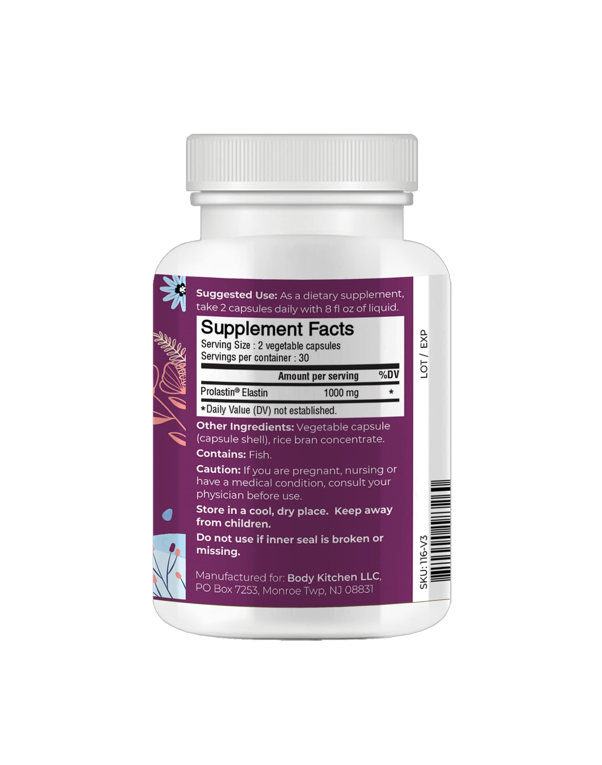 Body Kitchen Pro-Elastin, 1000 mg Elastin Supplement, Help Reduce Signs of Aging, Improved Skin Health, Firmness & Elasticity, Fewer Wrinkles, Veggie Caps, (Pack of 1) Body Kitchen buy supplements Au