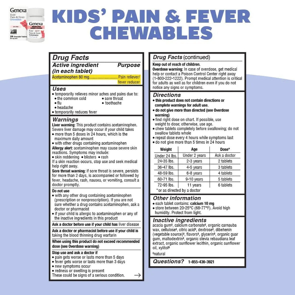 Genexa Kids' Clean Pain & Fever Acetaminophen Bundle | Relieves Fever & Minor Aches and Pain | Dye Free, 0% Artificial Additives | Chewable Tablets & Liquid Oral Suspension for Children Aged 2-11 GenexaBuy Supplements Australia