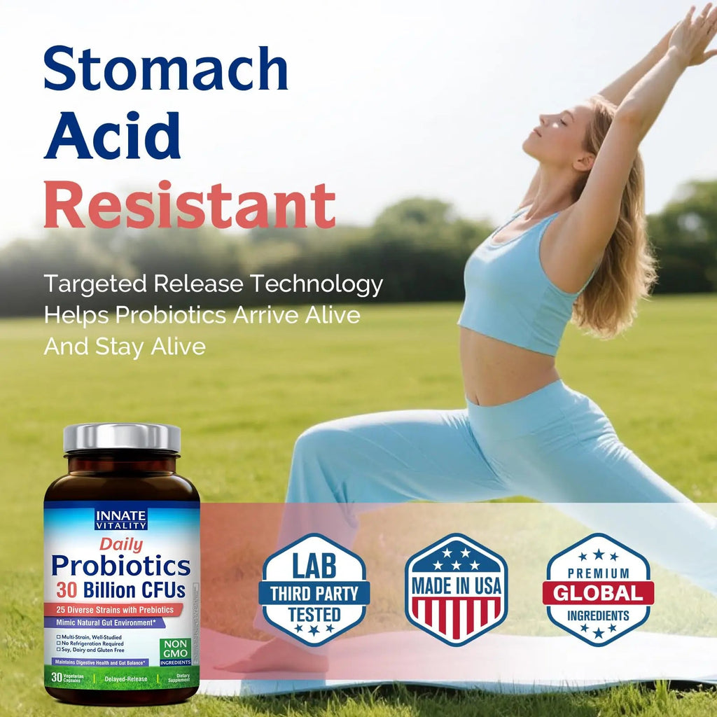 Innate Vitality Daily Probiotics for Women & Men, 30 Billion CFU of 25 Strains, Prebiotics, for Digestive Health Diarrhea Constipation Bloating & Gas Relief, Delayed Release, No Gluten, Vegan, 30 Caps Innate VitalityBuy Supplements Australia