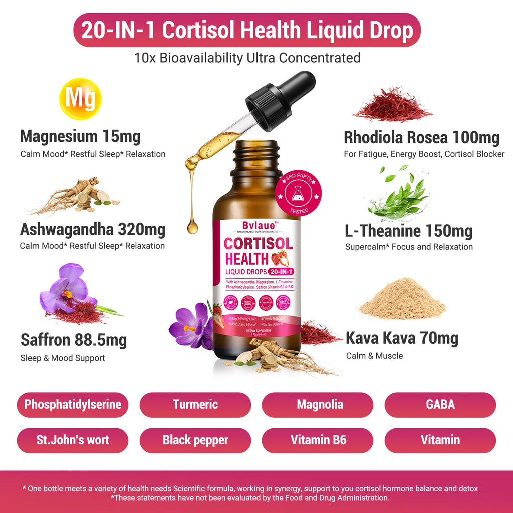 Bvlaue Cortisol Supplements Detox for Women - 20-in-1 Cortisol Reducer,Manager,Lower w/Ashwagandha,Magnesium,L-Theanine,Saffron,Rhodiola for Hormone Balance/Sleep/Stress Relief,Strawberry Flavor BvlaueBuy Supplements Australia