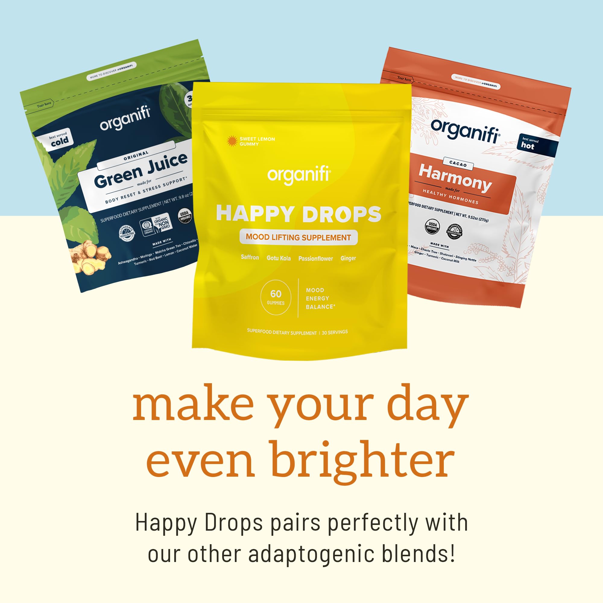 Organifi Happy Drops - Daily Superfood Happy Gummies for Adults - Mood Support Supplement for Balance, Bliss, Energy and Taking the Edge Off - Sweet Lemon Flavor - 60 Gummies Organifi buy supplements Au