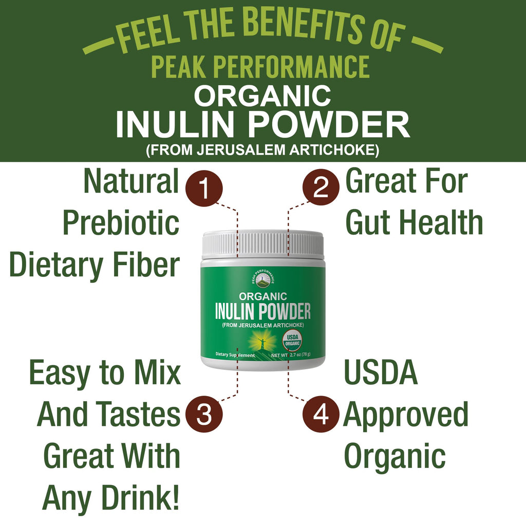 Peak Performance Organic Inulin Powder Natural Prebiotic Fiber for Gut Health. USDA Organic Raw Plant Based Vegan Prebiotics FOS Supplement from Jerusalem Artichoke Peak PerformanceBuy Supplements Australia