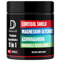Supplement container labeled 'Cortisol Shield' with ingredients listed on a white background