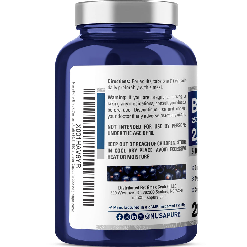 NusaPure Black Currant 10:1 Extract, 250 mg Equivalent to 2,500mg, per Veg Caps 200 Vegan, Non-GMO NusaPureBuy Supplements Australia
