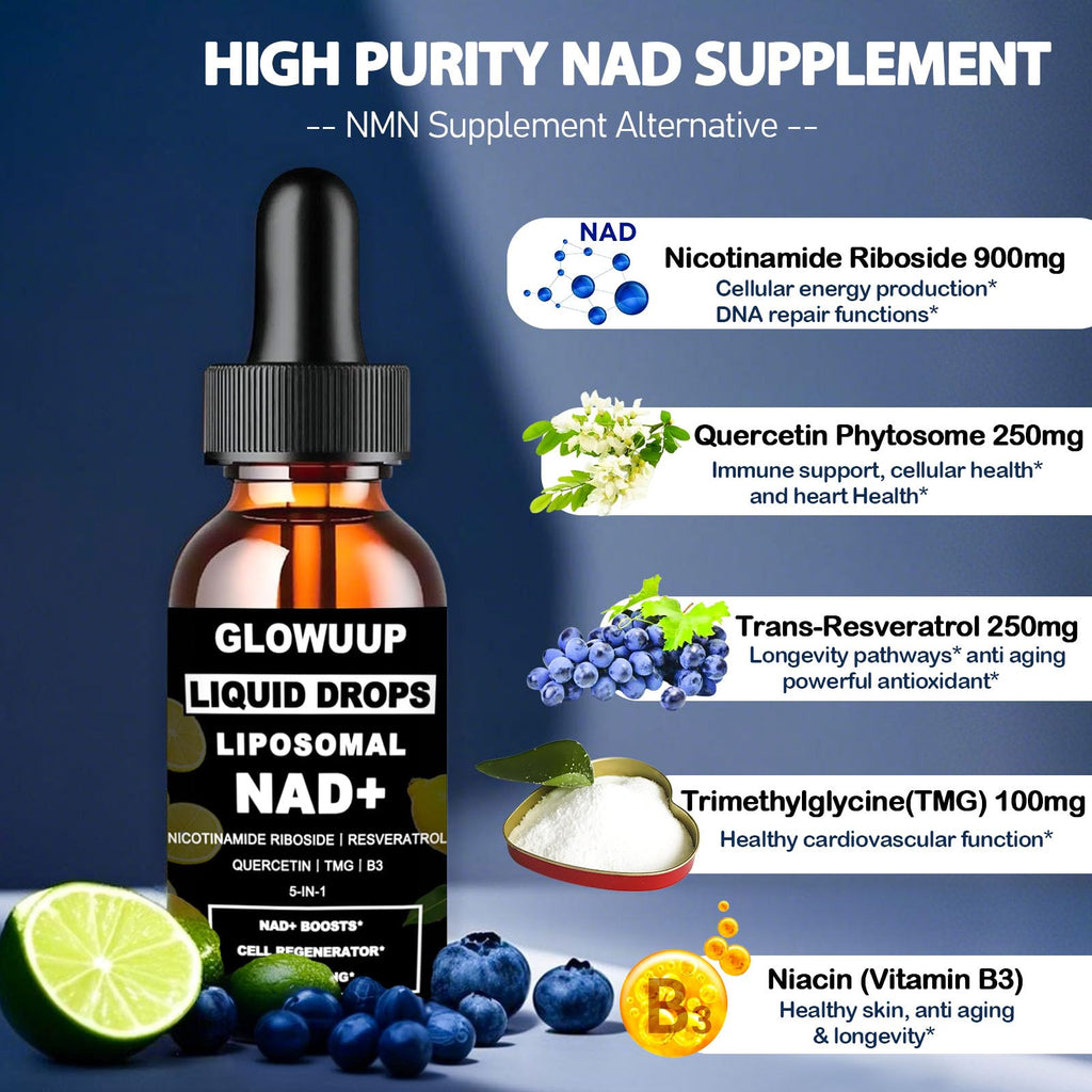 NAD Supplements for Women & Men, Liposomal NAD Nicotinamide Riboside Resveratrol 900mg w. B3 Vitamin Quercetin TMG, Liquid Resveratrol NAD Plus Supplement for Anti-Aging Energy Focus Longevity GLOWUUPBuy Supplements Australia