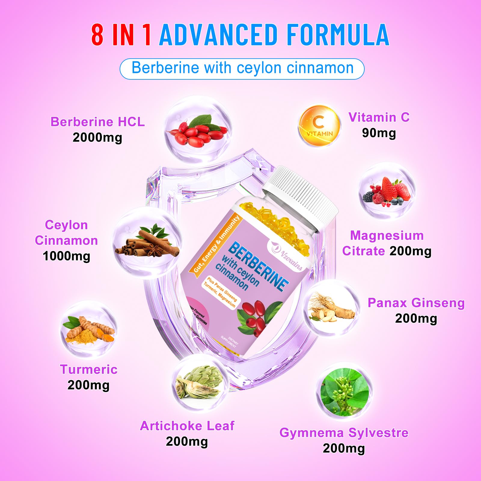 2 Pack Berberine with Ceylon Cinnamon Gummies, 2000mg High Potency Berberine HCI VZOXAINSBuy Supplements Australia