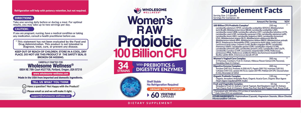 Wholesome Wellness Dr. Formulated Raw Probiotics for Women 100 Billion CFUs Capsules with Prebiotics, Digestive Enzymes, Approved for Adults, Shelf Stable Supplement Wholesome Wellness buy supplements Au