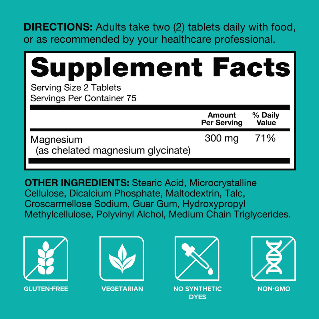 Qunol Magnesium Glycinate 300mg, 100% Glycinate Chelated Magnesium Supplement, 150ct Tablets