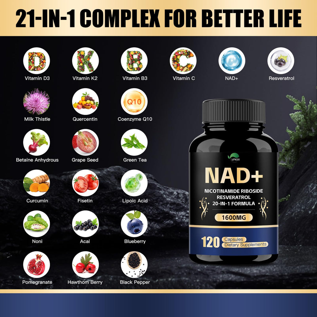VPKIN NAD Supplement,1500mg NAD+ Supplement with Resveratrol,Nicotinamide,Quercetin,CoQ10,Support Energy & Repair, Vitality,Non-GMO, No Fillers(120 Capsules) VPKINBuy Supplements Australia