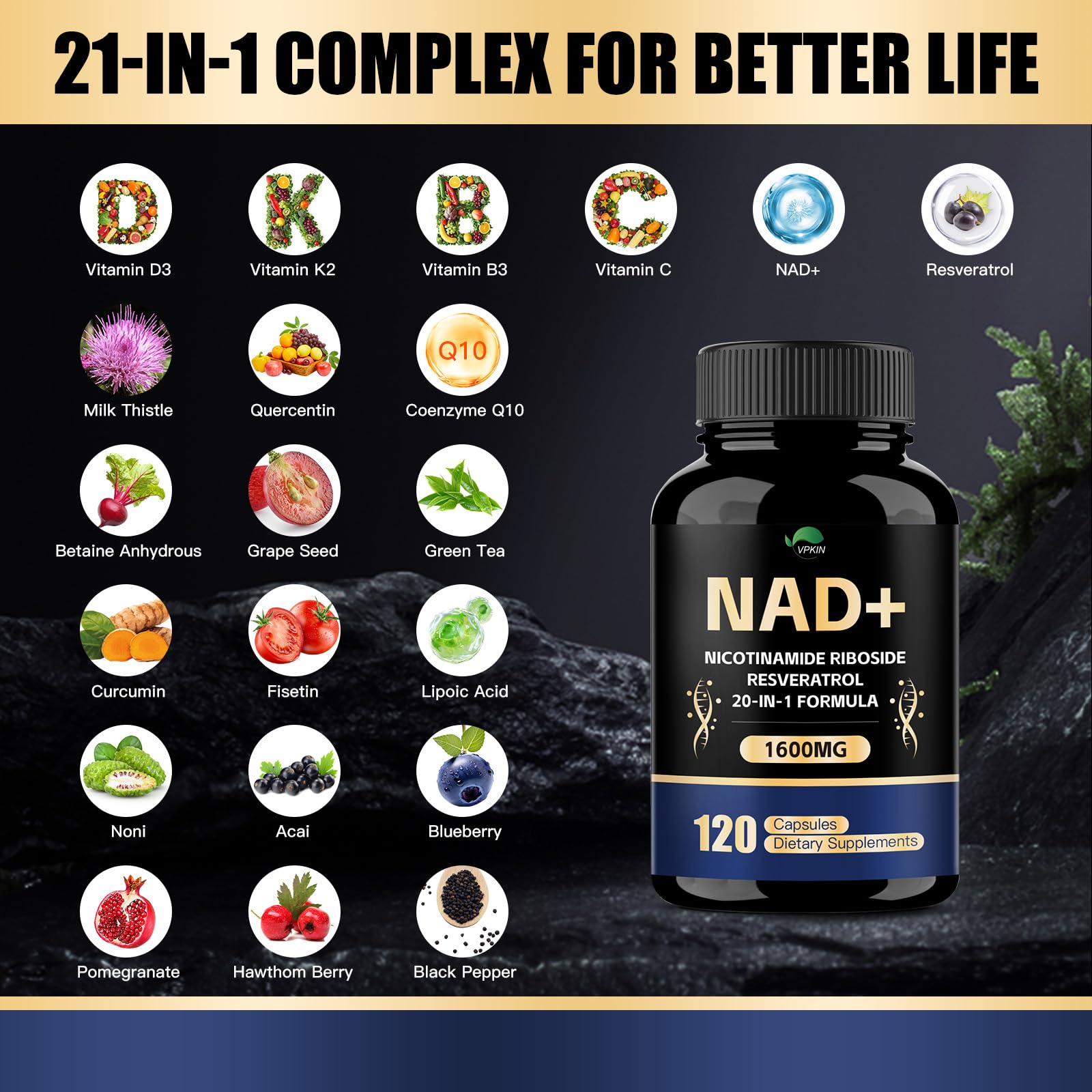 VPKIN NAD Supplement,1500mg NAD+ Supplement with Resveratrol,Nicotinamide,Quercetin,CoQ10,Support Energy & Repair, Vitality,Non-GMO, No Fillers(120 Capsules) VPKINBuy Supplements Australia