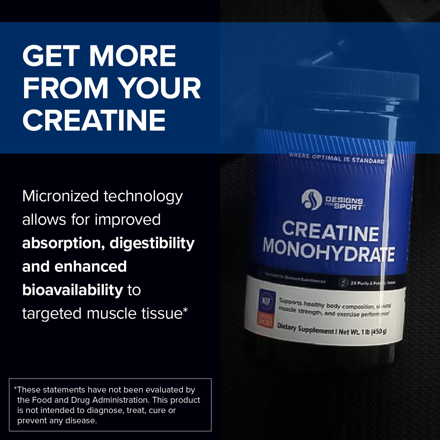 Designs for Sport Micronized Creatine Monohydrate Unflavored Powder - NSF Certified for Sport, 90 Servings, Supports Muscle Recovery, Brain Health, Pre and Post Workout Strength Designs for SportBuy Supplements Australia