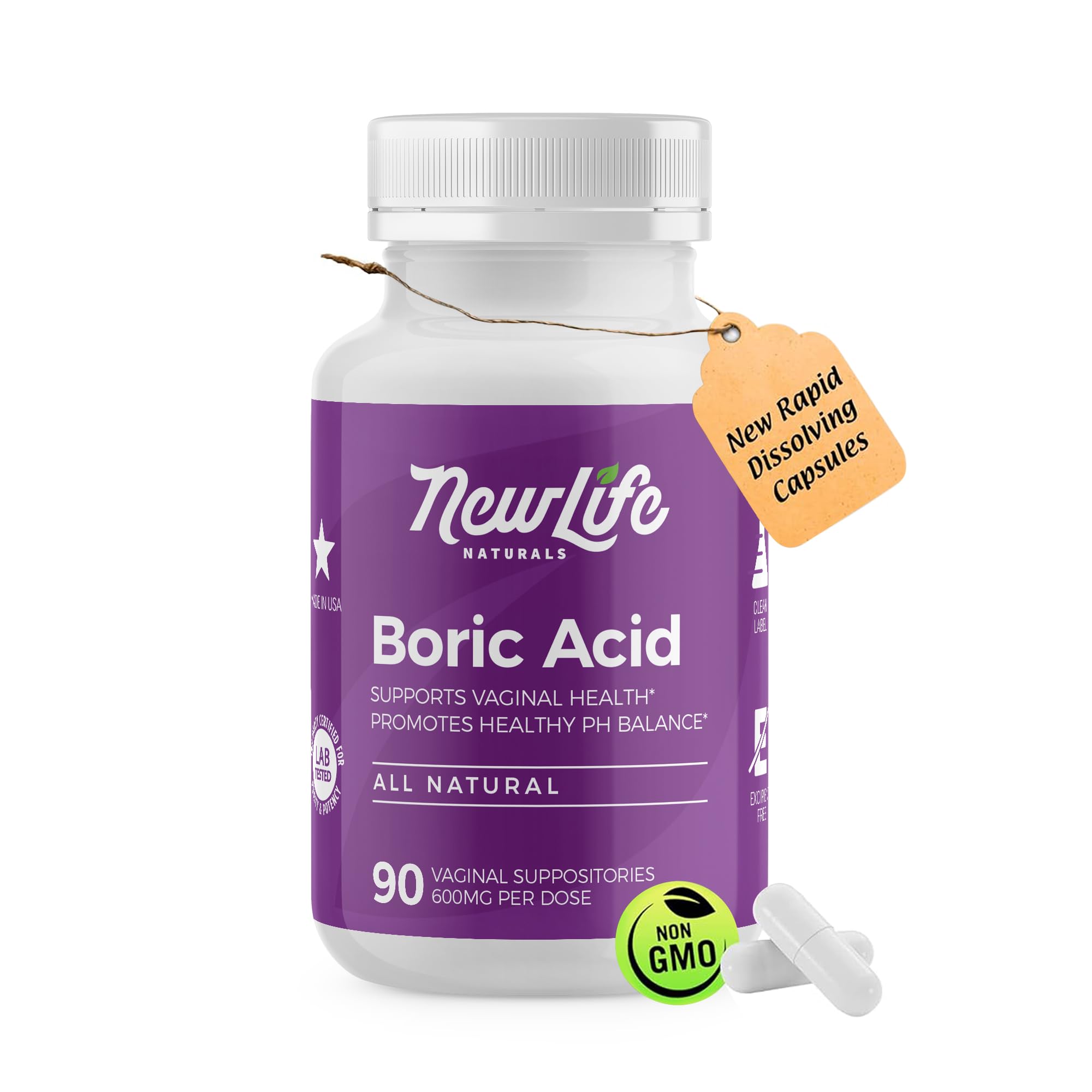 NewLife Naturals - Medical Grade Boric Acid Vaginal Suppositories - 600mg - 100% Pure Womens pH Balance Pills - Yeast Infection, BV - 90 Capsules: Made in USA NewLife NaturalsBuy Supplements Australia