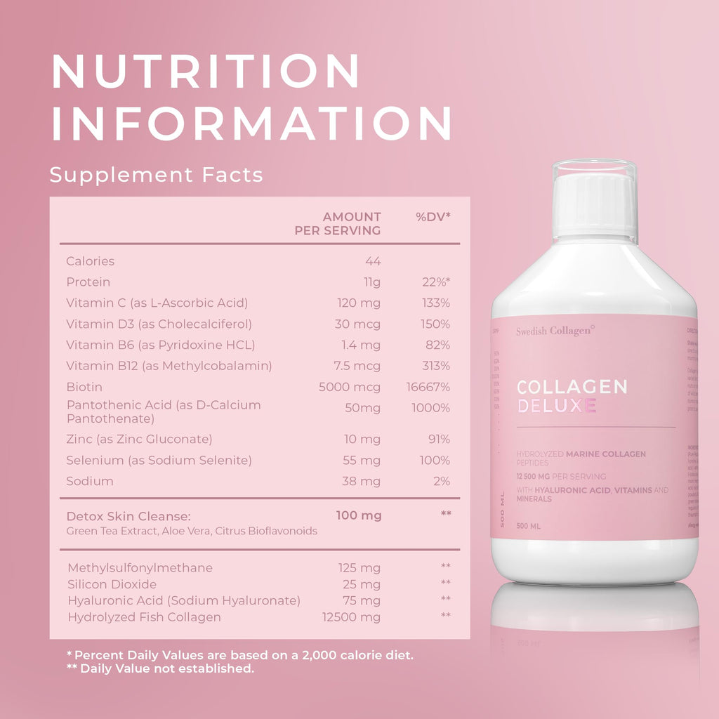 Swedish Collagen Deluxe 12,500 mg Hydrolyzed Marine Collagen Liquid Supplement - 20 Day Supply, 500 ml, Type 1 & 3 | Peptides & Vitamins for Hair, Skin, Nails, Joints | Clinically Tested | Sugar Free Swedish Collagen buy supplements Au