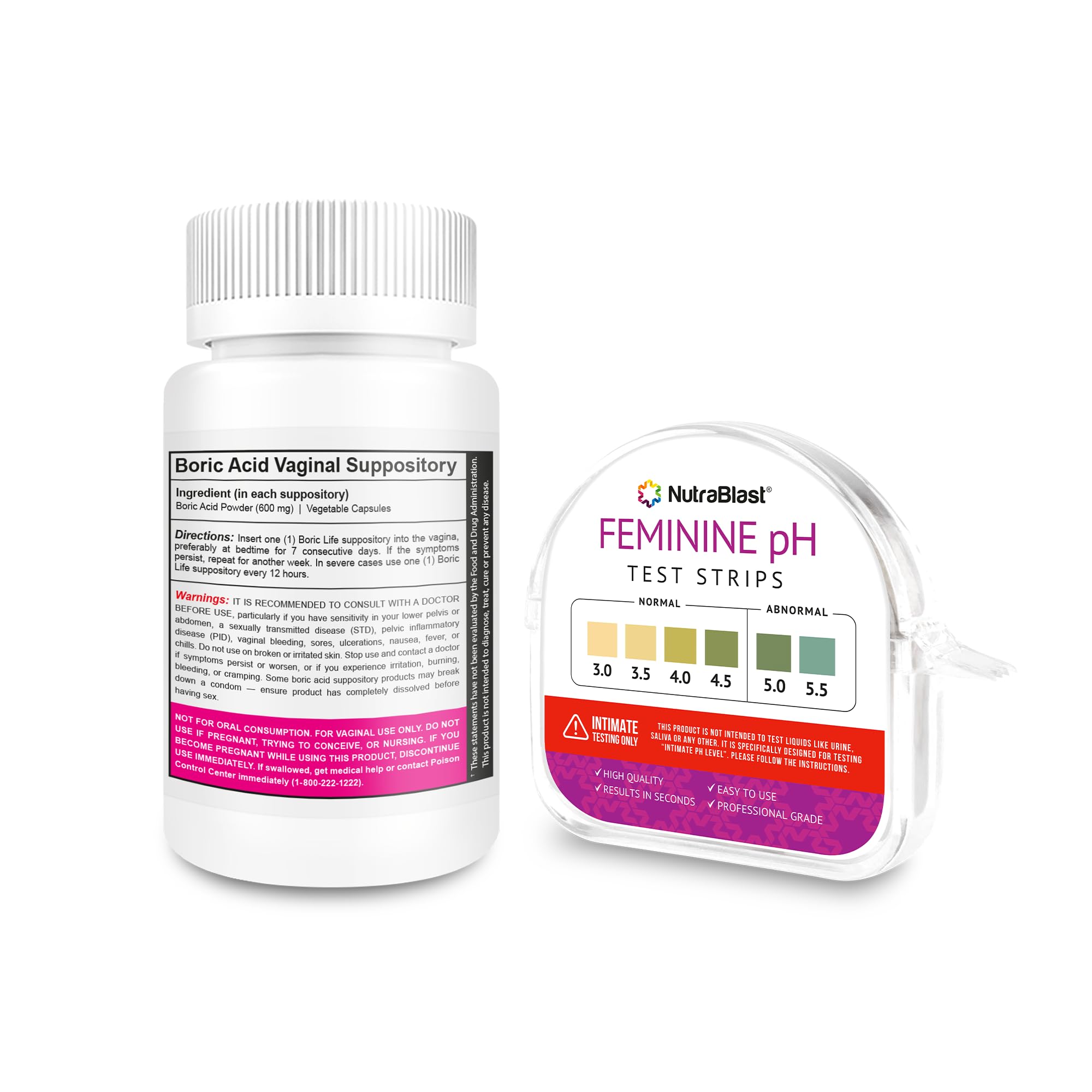 NutraBlast Boric Acid Suppositories 600mg (30 Count) Bundle with Feminine pH Test Strips 3.0-5.5 (100 Tests Roll) | Monitor Intimate Health | Accurate Women’s Acidity & Alkalinity NutraBlastBuy Supplements Australia