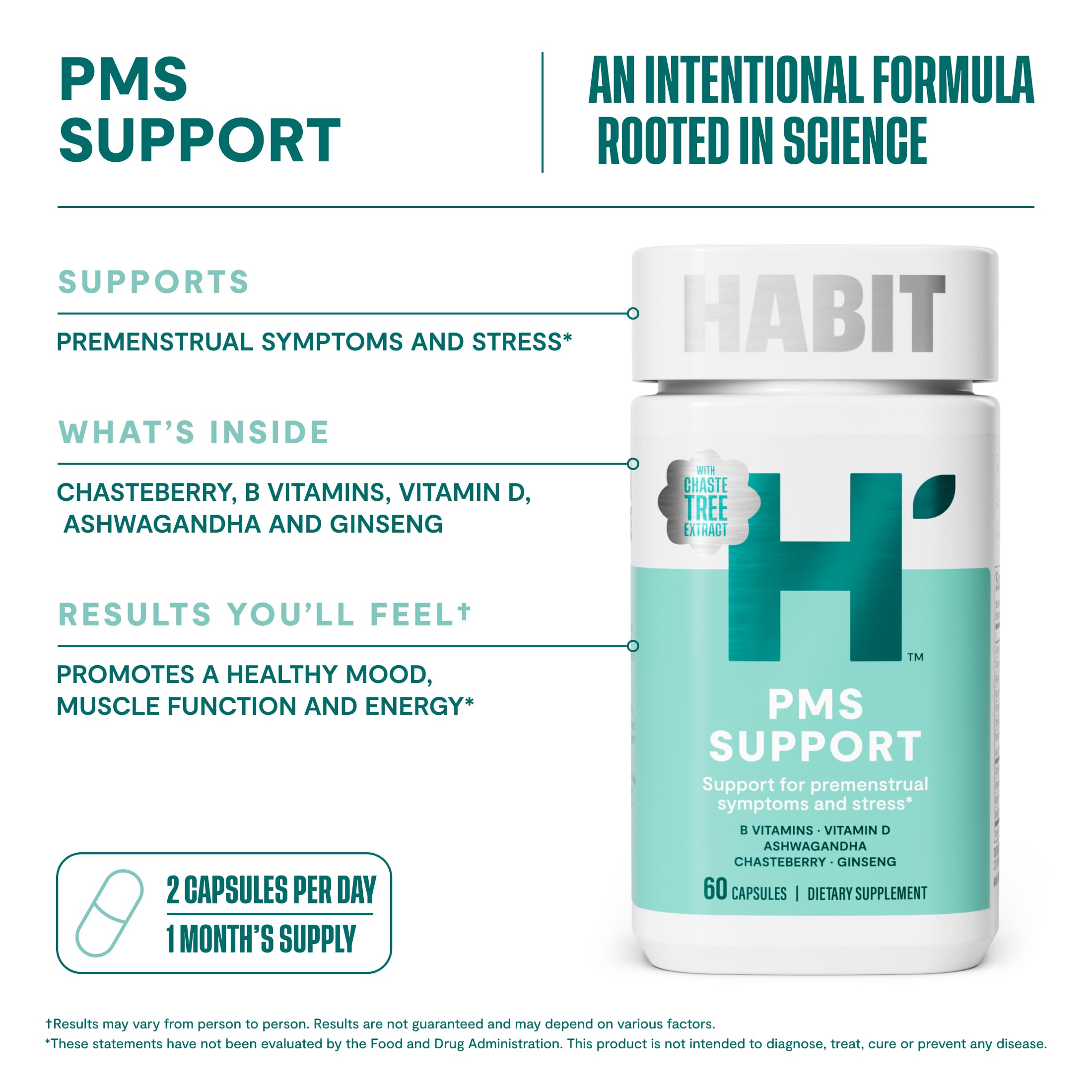 Habit PMS Support Supplement for Women (60 Capsules) - Supports Premenstrual Symptoms & Stress, Hormone Balance, Mood, B Vitamins, Vitamin D, Chasteberry, Ashwagandha, Gluten-Free, Non-GMO (1 Pack) H' HabitBuy Supplements Australia