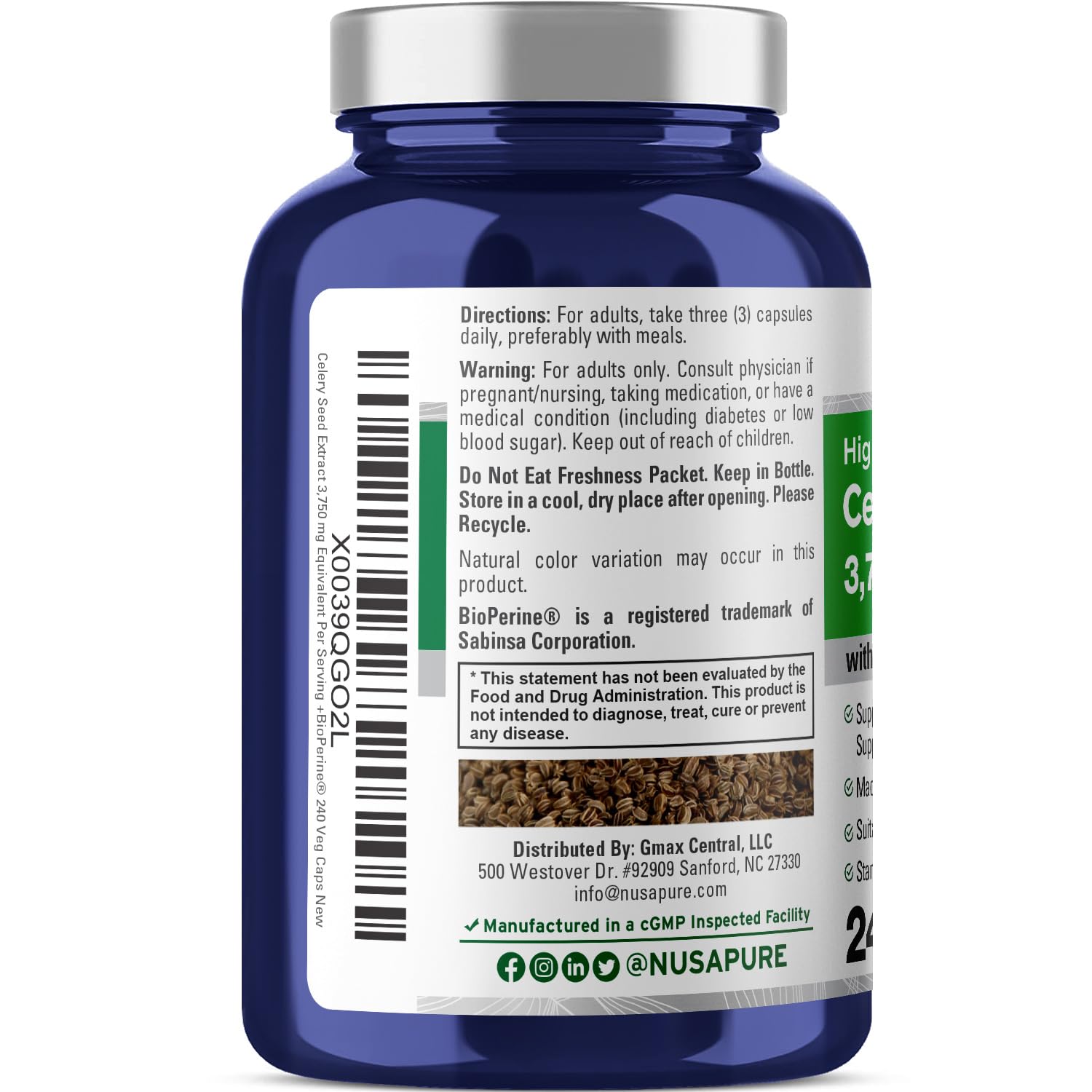 NusaPure Celery Seed Capsules 10:1 Extract, 375 mg Equivalent to 3750mg, 240 Veggie Caps, Non-GMO, Vegan NusaPureBuy Supplements Australia
