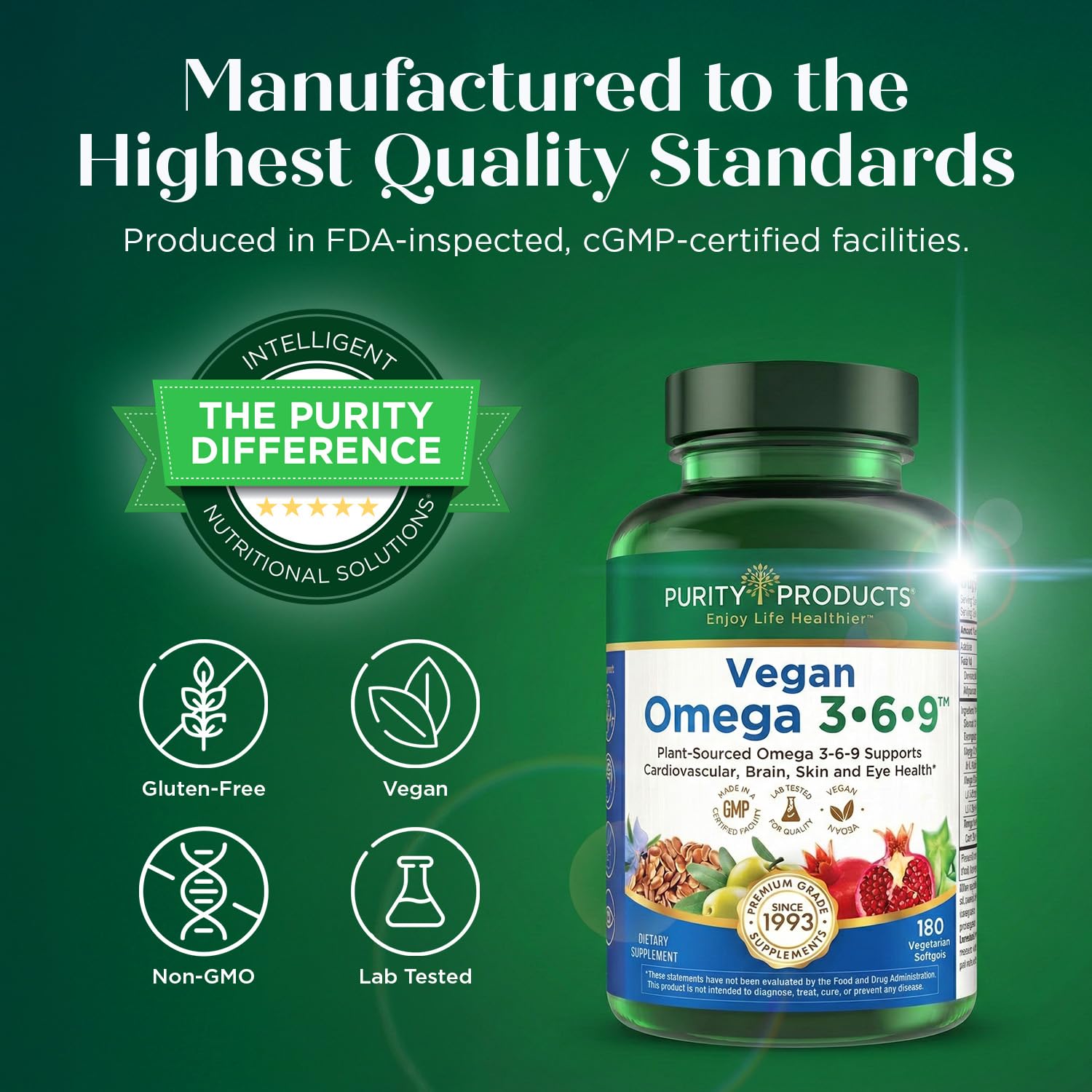 Purity Products Vegan Omega 3 6 9 Formula - “5 in 1” Essential Fatty Acid Complex - Scientifically Formulated Plant-Based Vegan Omega 3-6-9 Essential Fatty Acids