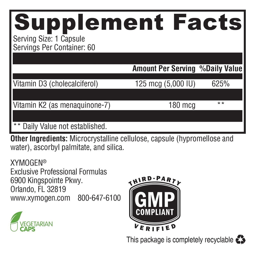 XYMOGEN K2-D3 Max - Vitamin D3 K2 Supplement for Bone & Immune Support* - High-Strength K2 MK-7 - Non-GMO, Gluten-Free, Vegetarian - 60 Capsules XYMOGEN buy supplements Au