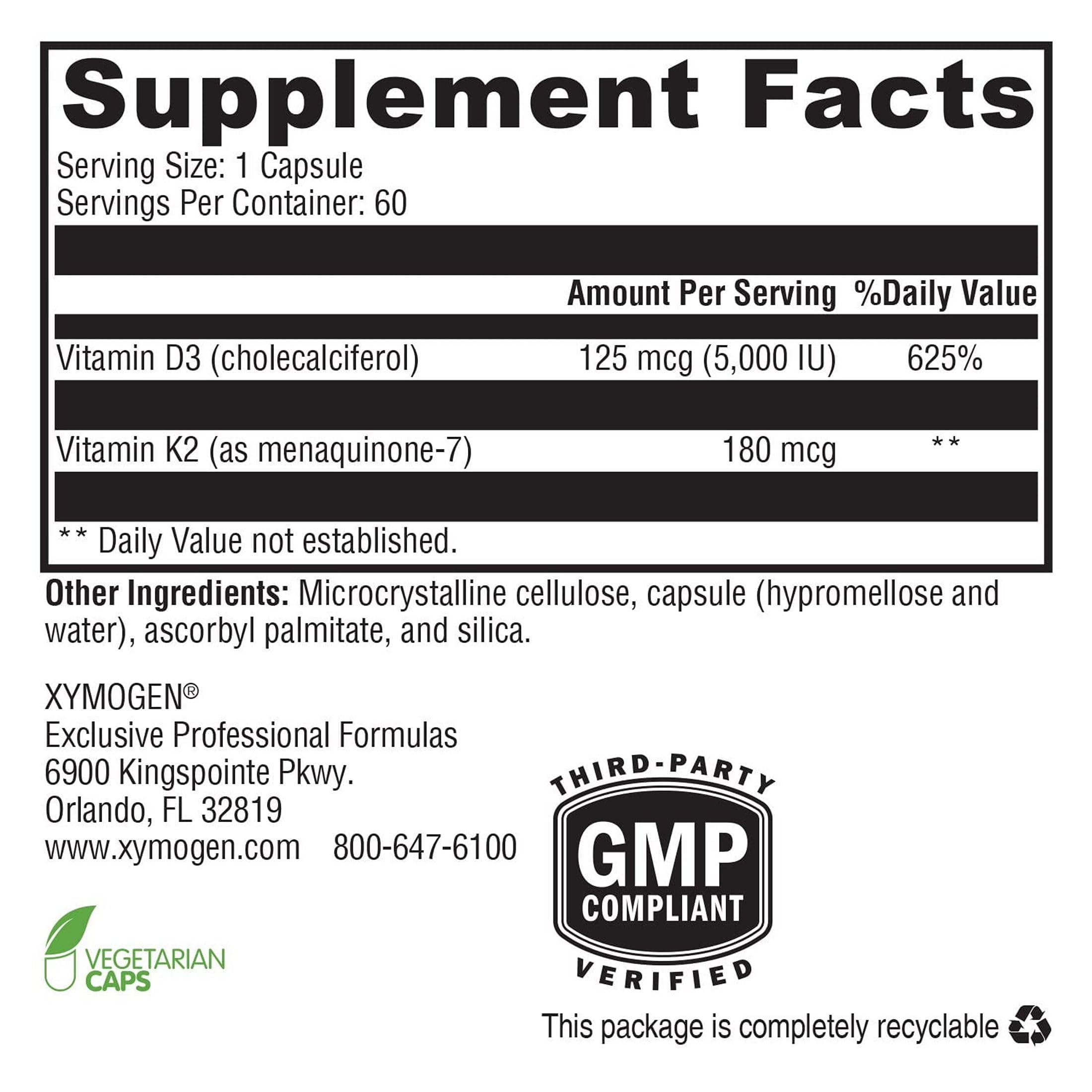 XYMOGEN K2-D3 Max - Vitamin D3 K2 Supplement for Bone & Immune Support* - High-Strength K2 MK-7 - Non-GMO, Gluten-Free, Vegetarian - 60 Capsules XYMOGEN buy supplements Au