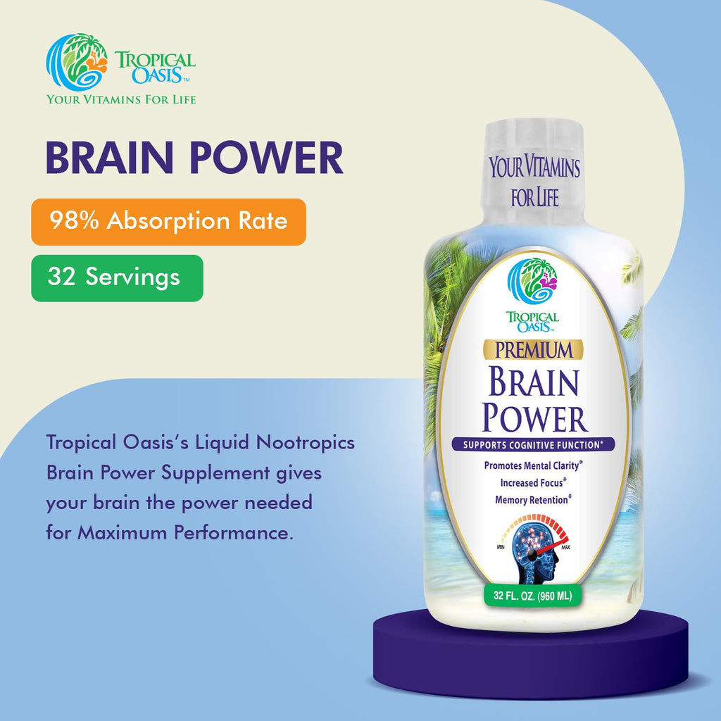Tropical Oasis - Brain Power | Liquid Nootropic Supplement - Promotes Mental Clarity, Focus, and Memory Retention (Unflavored, 32 Servings) Tropical OasisBuy Supplements Australia
