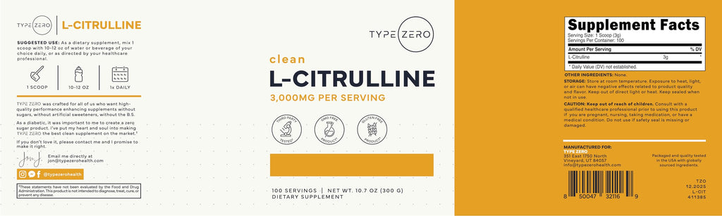 Type Zero L-Citrulline Base Powder, 3,000mg Per Serving - 100 Servings Type ZeroBuy Supplements Australia