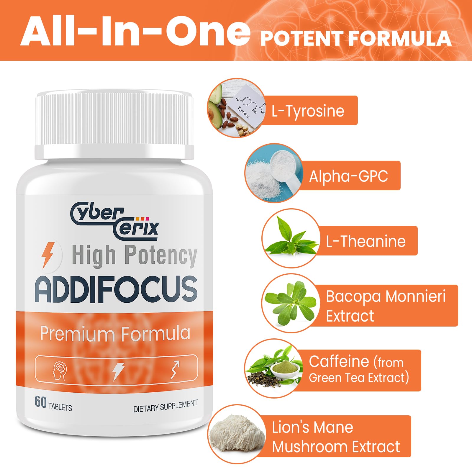 17-in-1 Brain Supplements for Memory and Focus - Formula for Concentration, Clarity, Energy & Focus - Natural Caffeine Blend with Vitamins, Amino Acids & Herbal Extracts - 120 Tablets