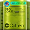 Green supplement container labeled 'NAD+ Core' by Cata-Kor with 'NAN Alternative' text.