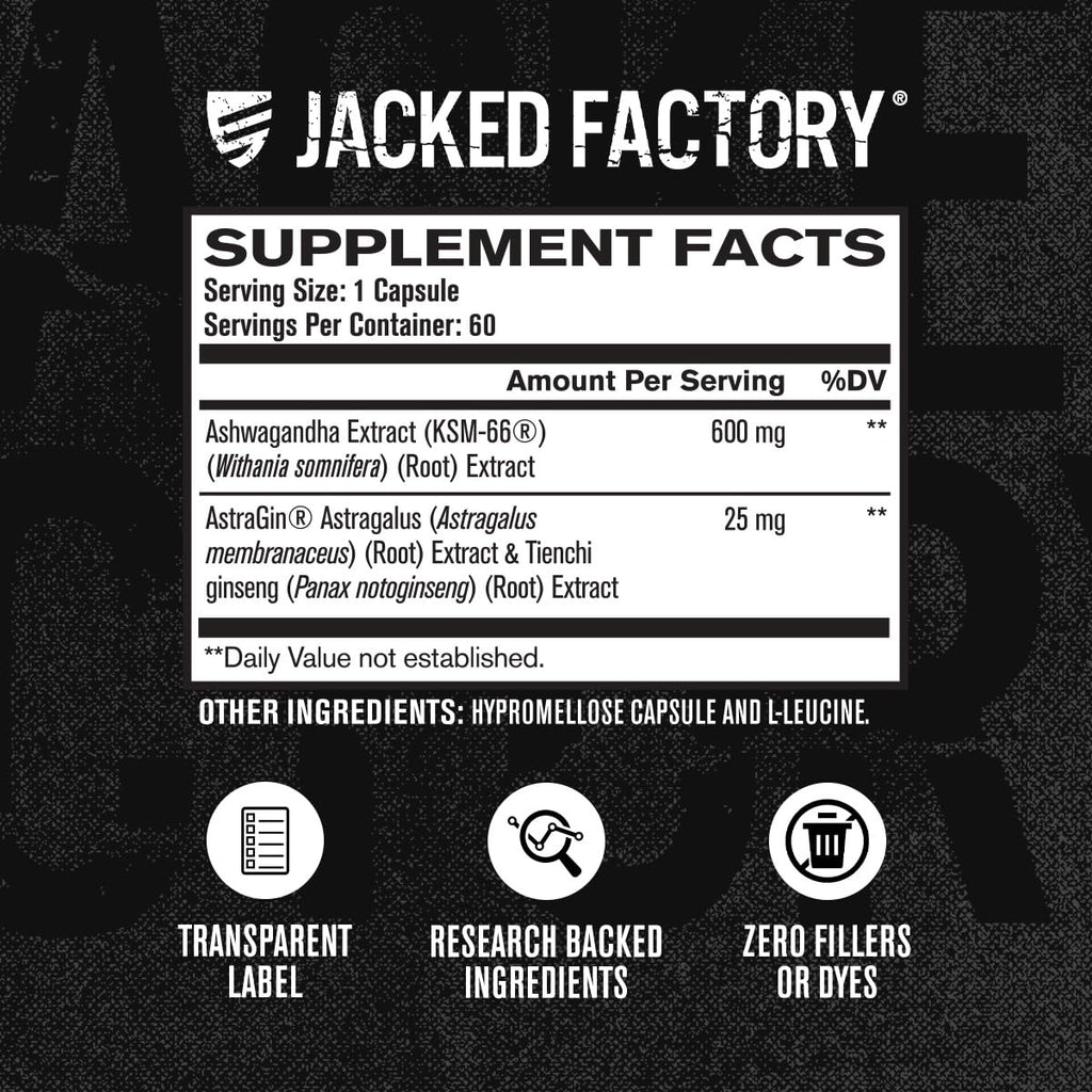 Jacked Factory Ashwagandha Root Extract (KSM-66 Ashwagandha) w/ 5% Withanolides - Supplement for Natural Stress Relief, Cognitive Function, Vitality, and Mood Support - 60 Veggie Capsules Jacked FactoryBuy Supplements Australia