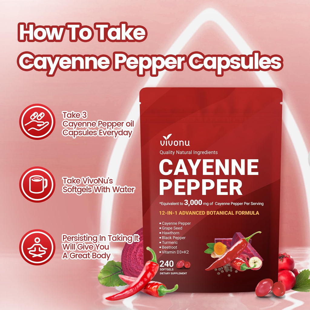 VivoNu Cayenne Pepper Softgels Supplement, Supports Leg Vein, Heart and Blood Vessel Health, with Vitamin E D3+K2 and Extracts of Grape Seed, Hawthorn