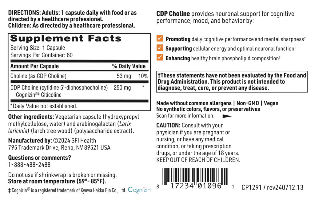 Klaire Labs SFI Health CDP Choline 250mg - Soy-Free Choline Supplements - Cognizin Citicoline to Help Support Memory, Focus & Attention - Bioavailable Active Form, Hypoallergenic (60 Capsules) SFI HealthBuy Supplements Australia