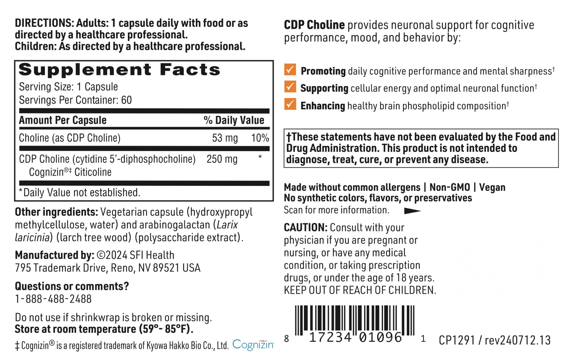 Klaire Labs SFI Health CDP Choline 250mg - Soy-Free Choline Supplements - Cognizin Citicoline to Help Support Memory, Focus & Attention - Bioavailable Active Form, Hypoallergenic (60 Capsules) SFI HealthBuy Supplements Australia