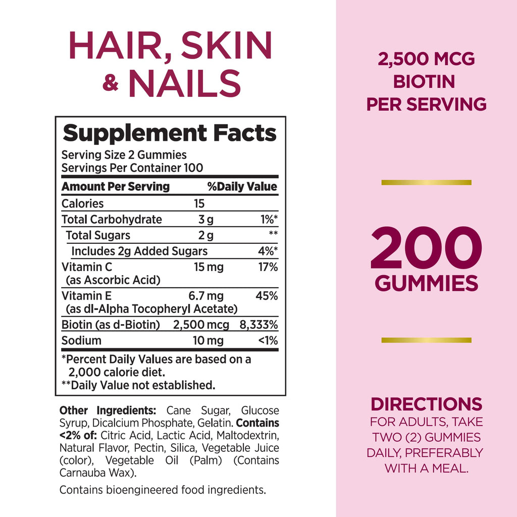 Nature's Bounty Optimal Solutions Hair, Skin and Nails Gummies with Biotin, 2500 mcg, Strawberry Flavored, 200 Count, 100 Total Servings Nature's BountyBuy Supplements Australia
