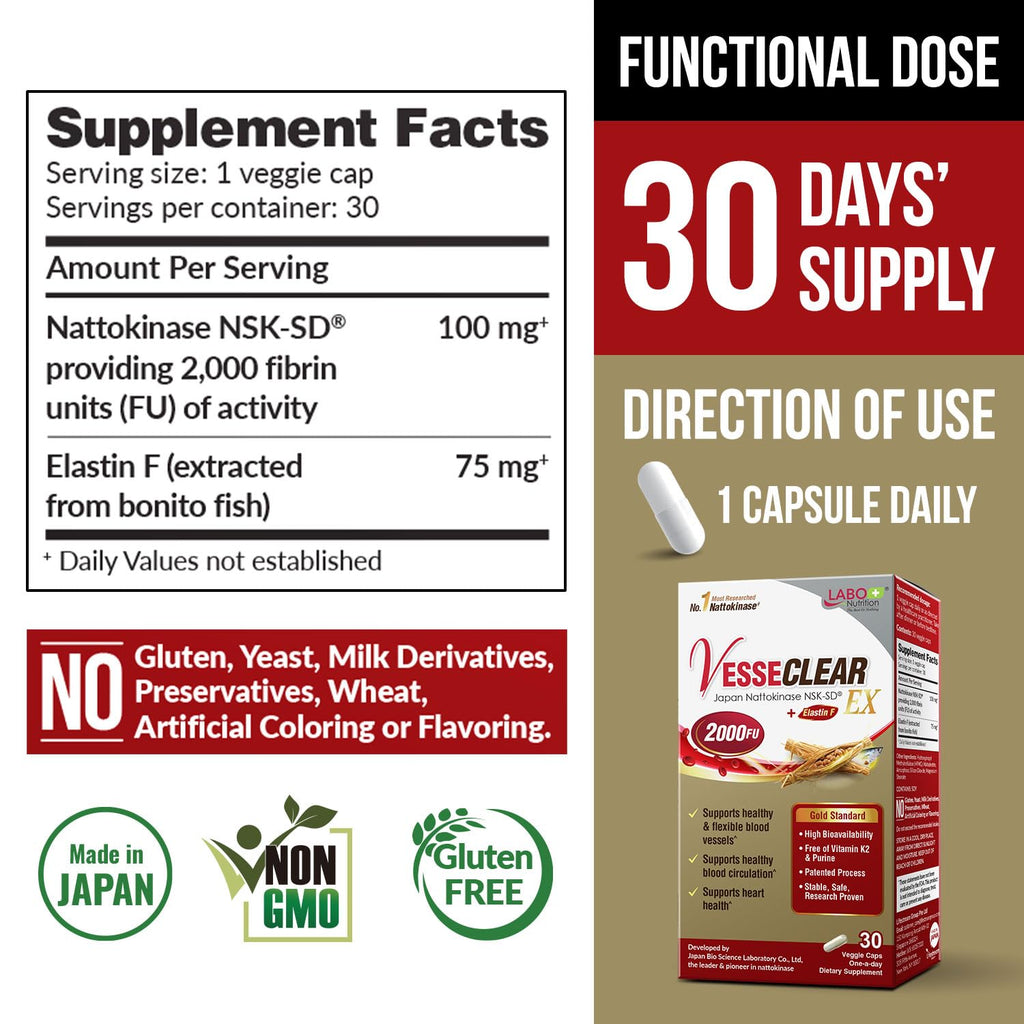 LABO Nutrition VesseCLEAR EX: Nattokinase NSK-SD+Elastin F for Clean & Flexible Blood Vessel. Japan's Most Research Proven, Functional Dose, Acid-Resistant/Delayed Release Capsules LABO Nutrition buy supplements Au