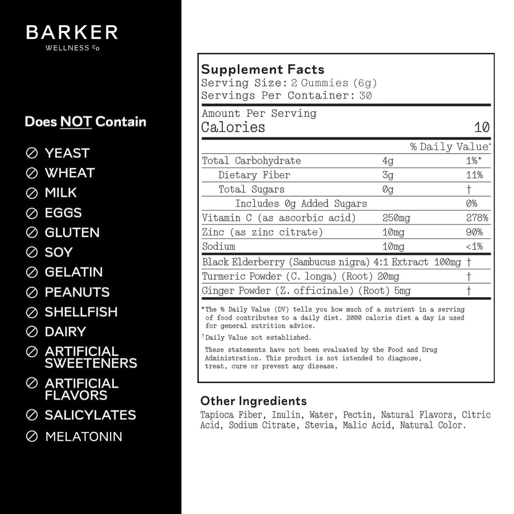 Barker Wellness Immunity Gummies with Vitamin C, Zinc, Elderberry, Turmeric & Ginger for Daily Immune Support | Vegan, Sugar-Free, Lemon-Lime Flavor | Seasonal Wellness Essentials, 60 Count Barker Wellness CoBuy Supplements Australia