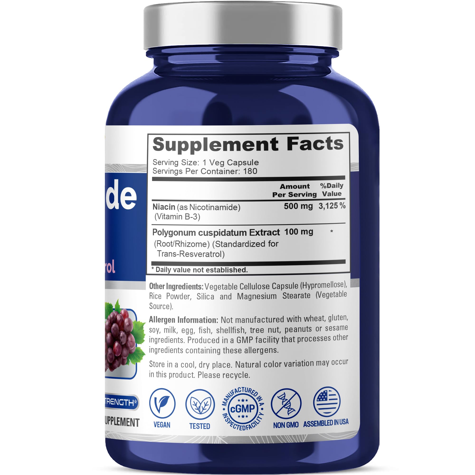 NusaPure Nicotinamide with Resveratrol (Vitamin B-3) 500 mg - 180 Vegetarian Caps (Non-GMO & Vegan) NusaPureBuy Supplements Australia