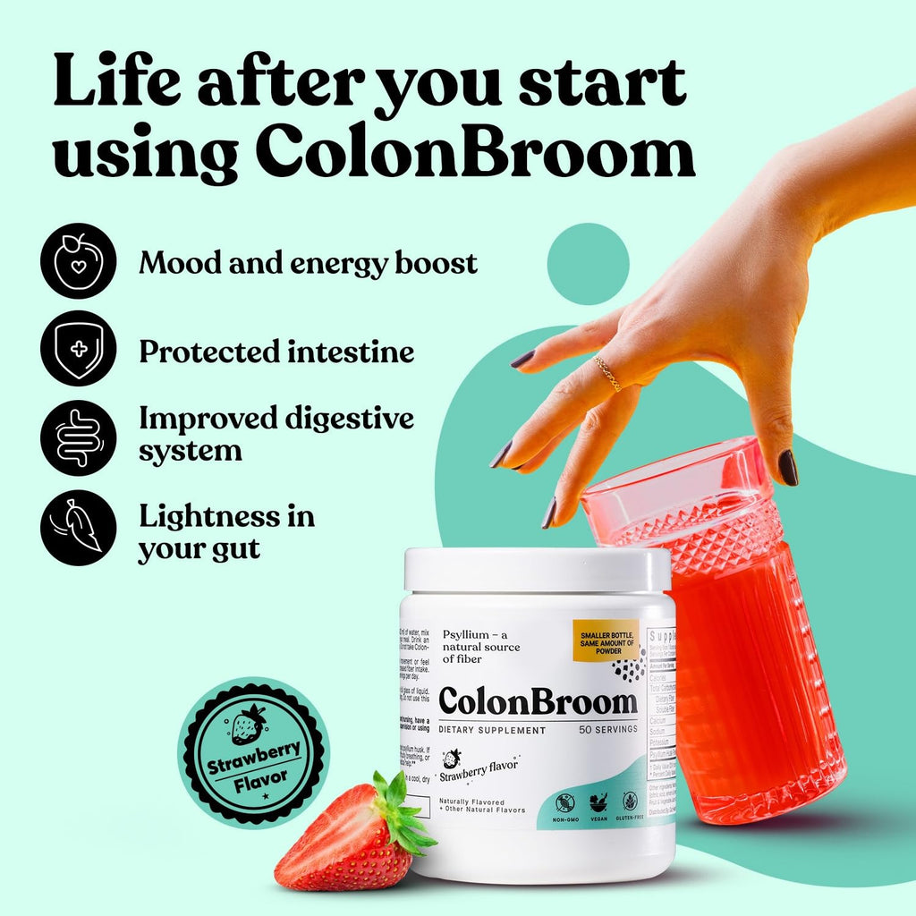 ColonBroom Psyllium Husk Powder (Strawberry) - Colon Cleanse for Bloating Relief & Gut Health - Colon Broom Fiber Powder Drink - Vegan, Gluten Free, Non-GMO Fiber Powder Supplement, 50 Servings ColonBroomBuy Supplements Australia