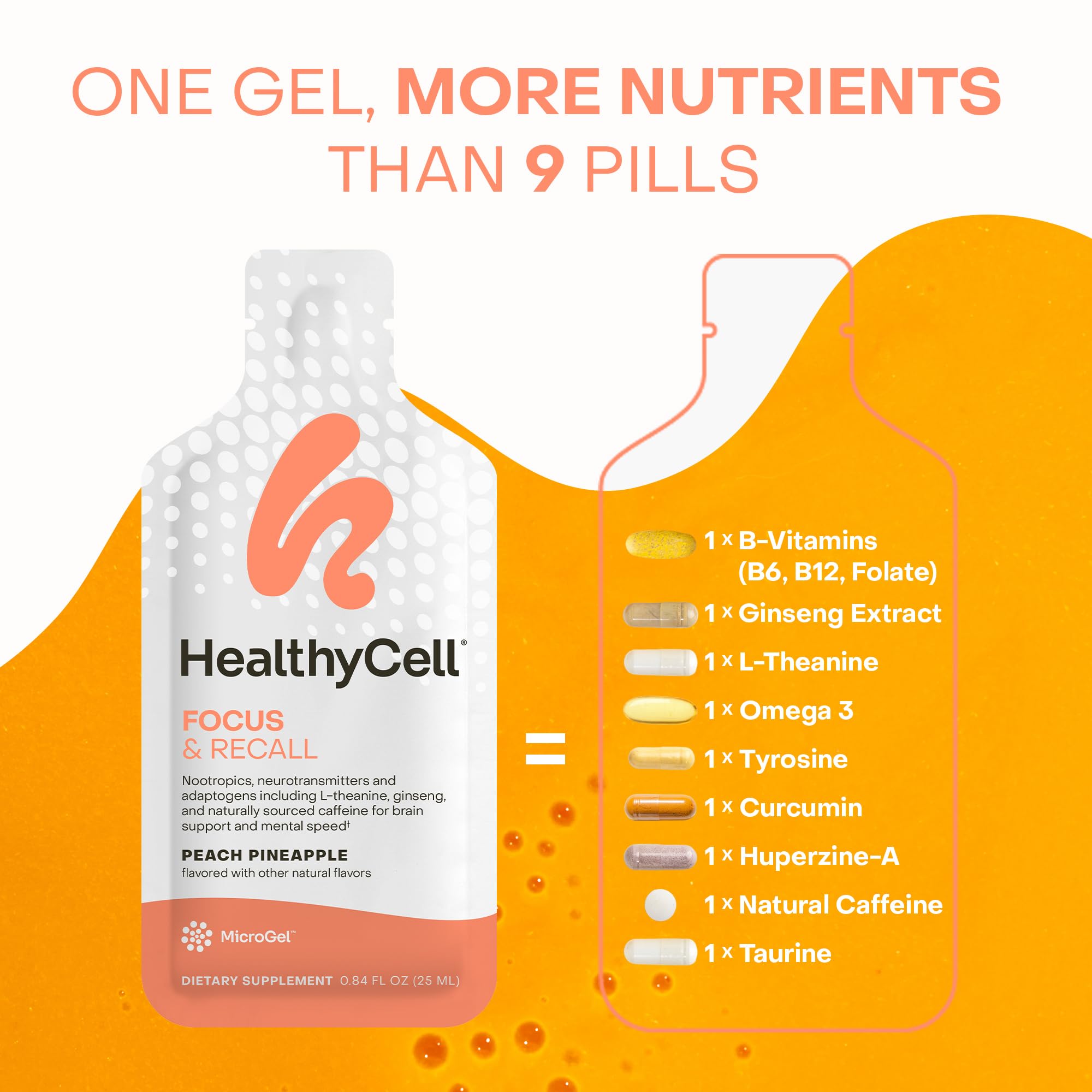Healthycell Focus & Recall, Daily Liquid Brain Supplement for Focus & Memory - Nootropics Supplement for Concentration & Alertness with L-Theanine, Omega-3 & Taurine - 14 Gel Packs HealthycellBuy Supplements Australia