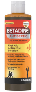 Betadine Antiseptic First Aid Solution, Povidone-Iodine 10%, Infection Protection, Kills Germs in Minor Cuts Scrapes and Burns, No Sting Promise, No Alcohol or Hydrogen Peroxide, 8 FL OZ Betadine buy supplements Au