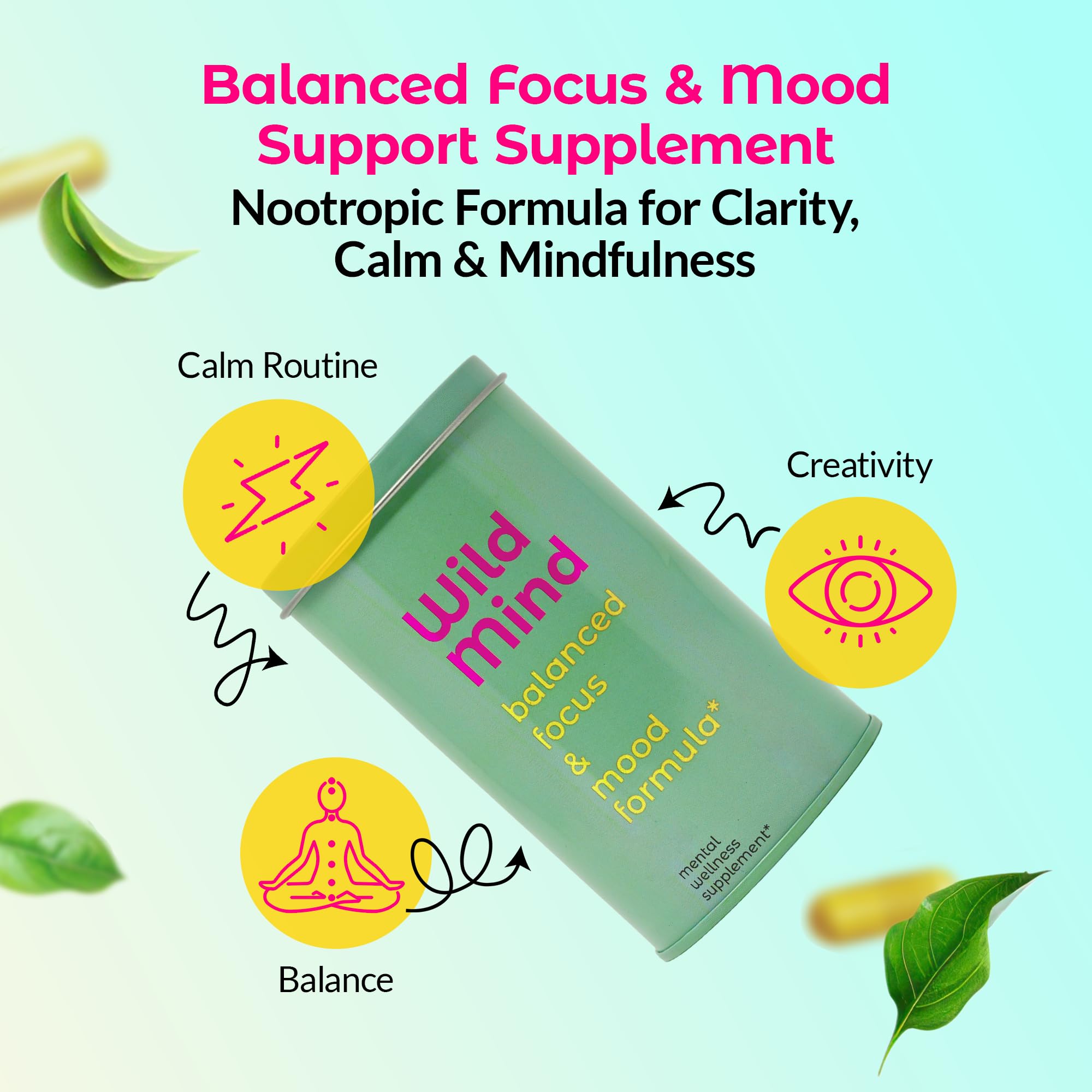 Wild Mind Mental Clarity Balanced Focus & Mood Support Supplement for Mental Wellness– 4-Ingredient Nootropic Brain Support for Calm & Energy – Vegan, 90 Capsules, 30-Day Supply Wild MindBuy Supplements Australia
