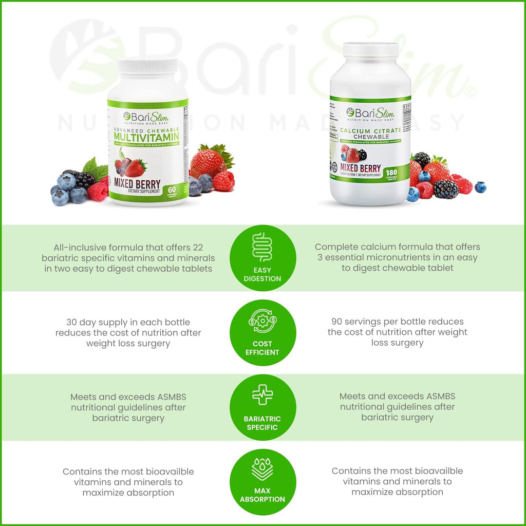 BariSlim Bariatric Calcium Citrate & Advanced Chewable Bariatric Multivitamin with Iron - Bariatric Vitamin and Supplement for Post Bariatric Surgery Including Gastric Bypass and Gastric Sleeve BariSlim buy supplements Au