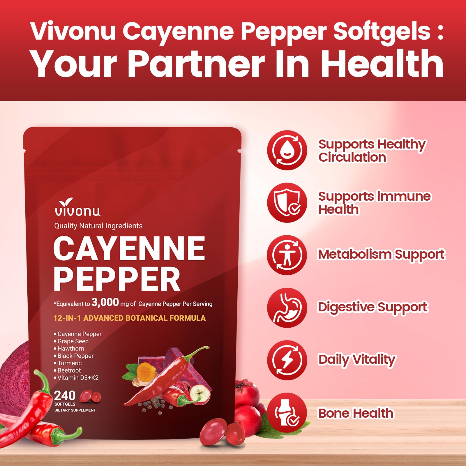 VivoNu Cayenne Pepper Softgels Supplement, Supports Leg Vein, Heart and Blood Vessel Health, with Vitamin E D3+K2 and Extracts of Grape Seed, Hawthorn
