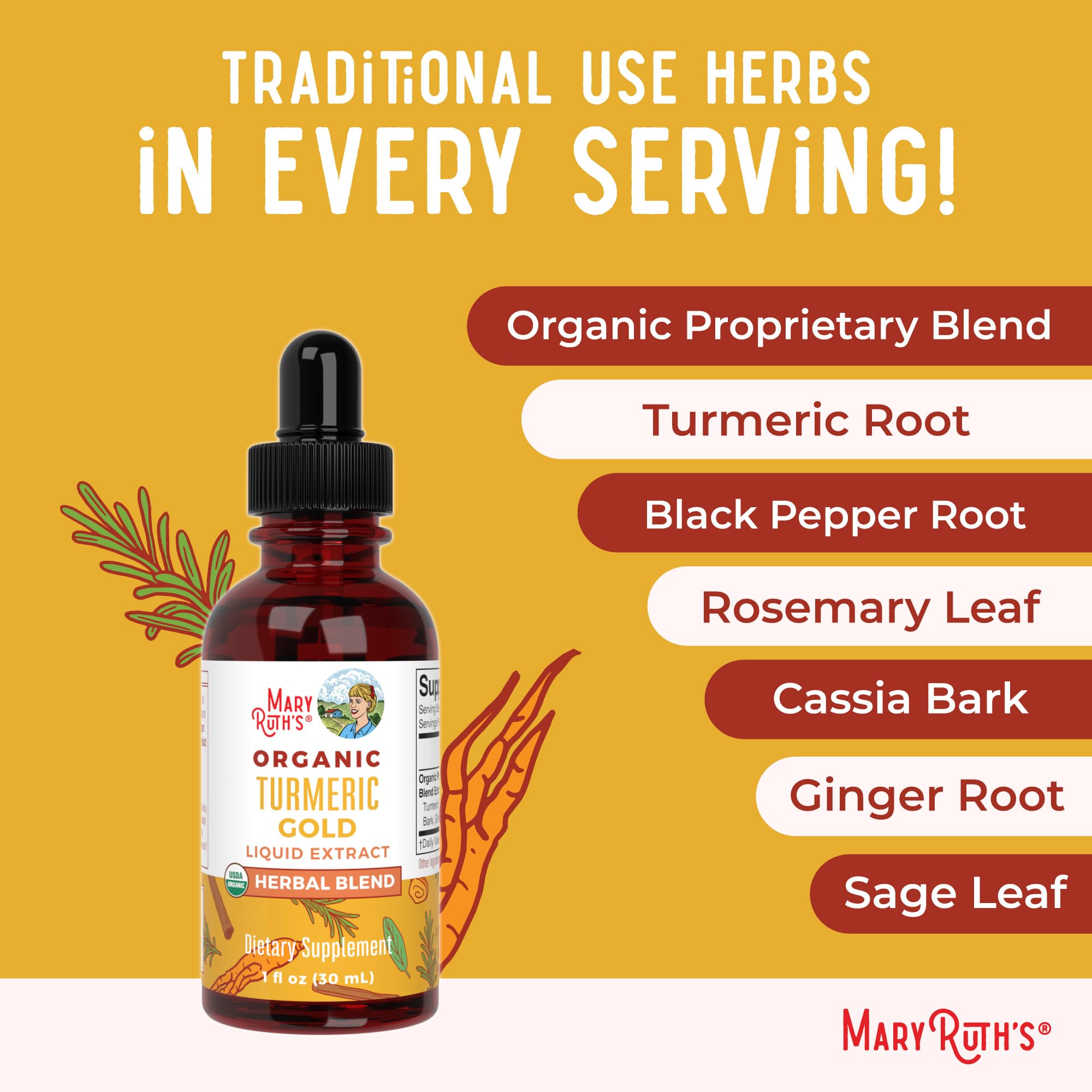 MaryRuth Organics USDA Turmeric Gold Liquid Drops | Herbal Blend | Turmeric Curcumin | Black Pepper | Cassia Cinnamon Bark | Ginger Root | Immune Support | Non-GMO Project Verified | Vegan | 1oz MARYRUTH'SBuy Supplements Australia