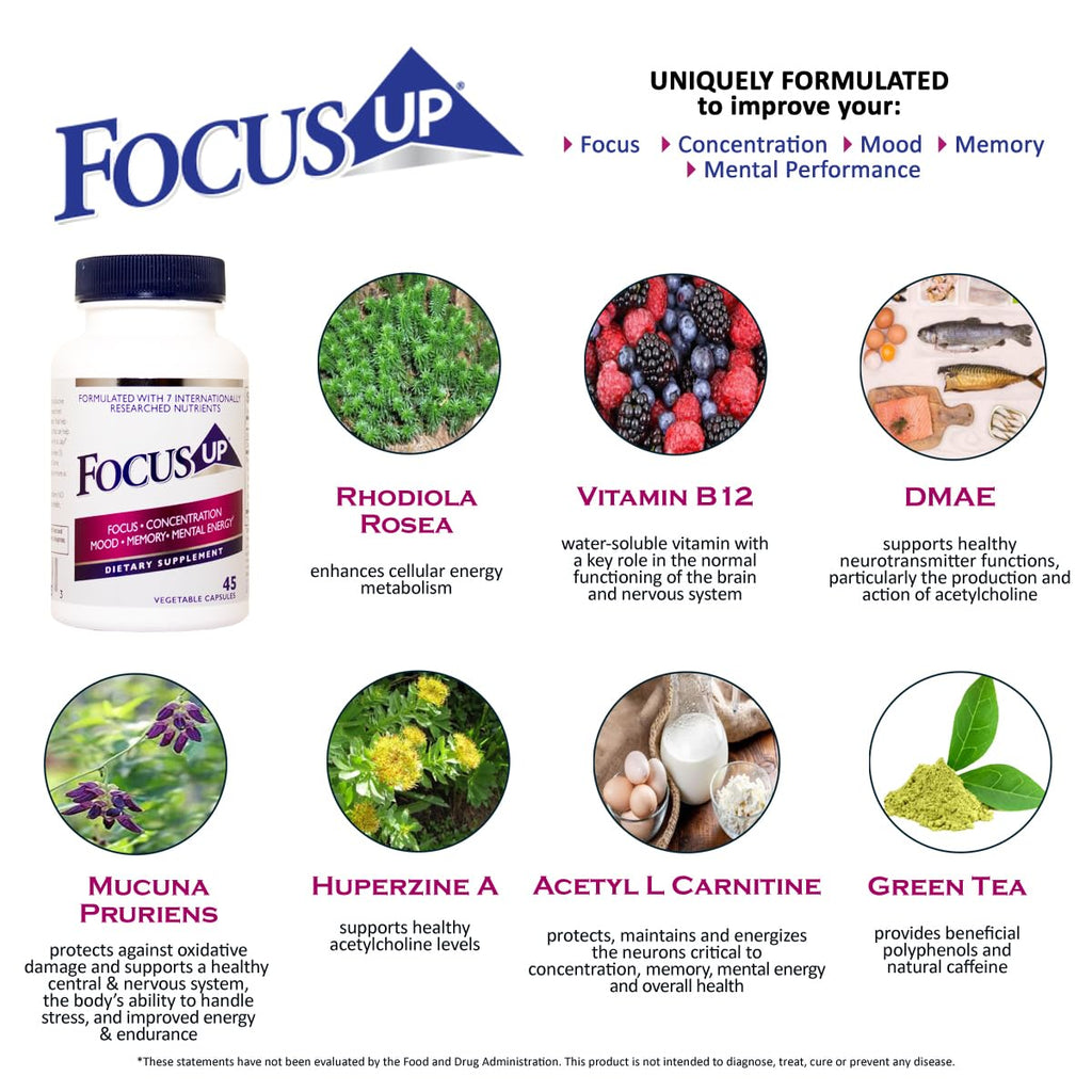 FocusUP Brain & Energy Support Supplement – Natural Nootropic Capsules with Acetyl L-Carnitine, Rhodiola, DMAE & Huperzine-A | Supports Focus, Memory, Mood & Mental Clarity | 45 Sugar-Free Capsules XoomaBuy Supplements Australia