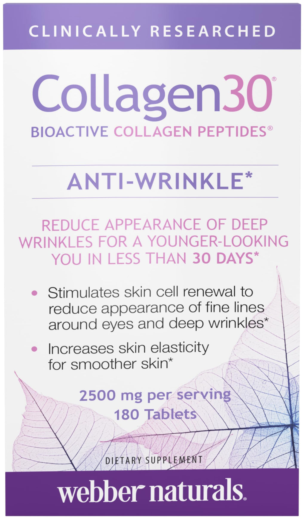 Webber Naturals Collagen30 Anti-Wrinkle, 2,500mg of Bioactive Collagen Peptides Per Serving (3 Tablets), 180 Tablets, Helps Reduce Deep Wrinkles, Fine Lines, Non GMO, Dairy, Gluten Free Webber Naturals buy supplements Au