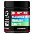Black supplement jar with colorful label featuring ingredients and branding