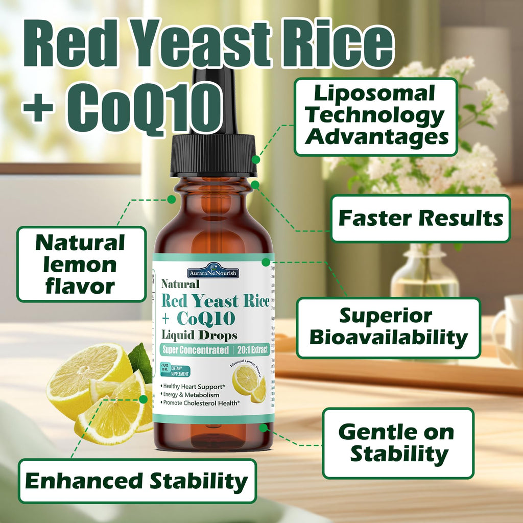 Liposomal Red Yeast Rice with Coq10 Liquid Drops, 5-in-1 Extra Strength 1200mg Cholesterol & Heart Support w. Citrus Bergamot Alpha Lipoic Acid | Cholesterol Lowering Supplement | GMO & Citrinin Free AuraraNeNourishBuy Supplements Australia