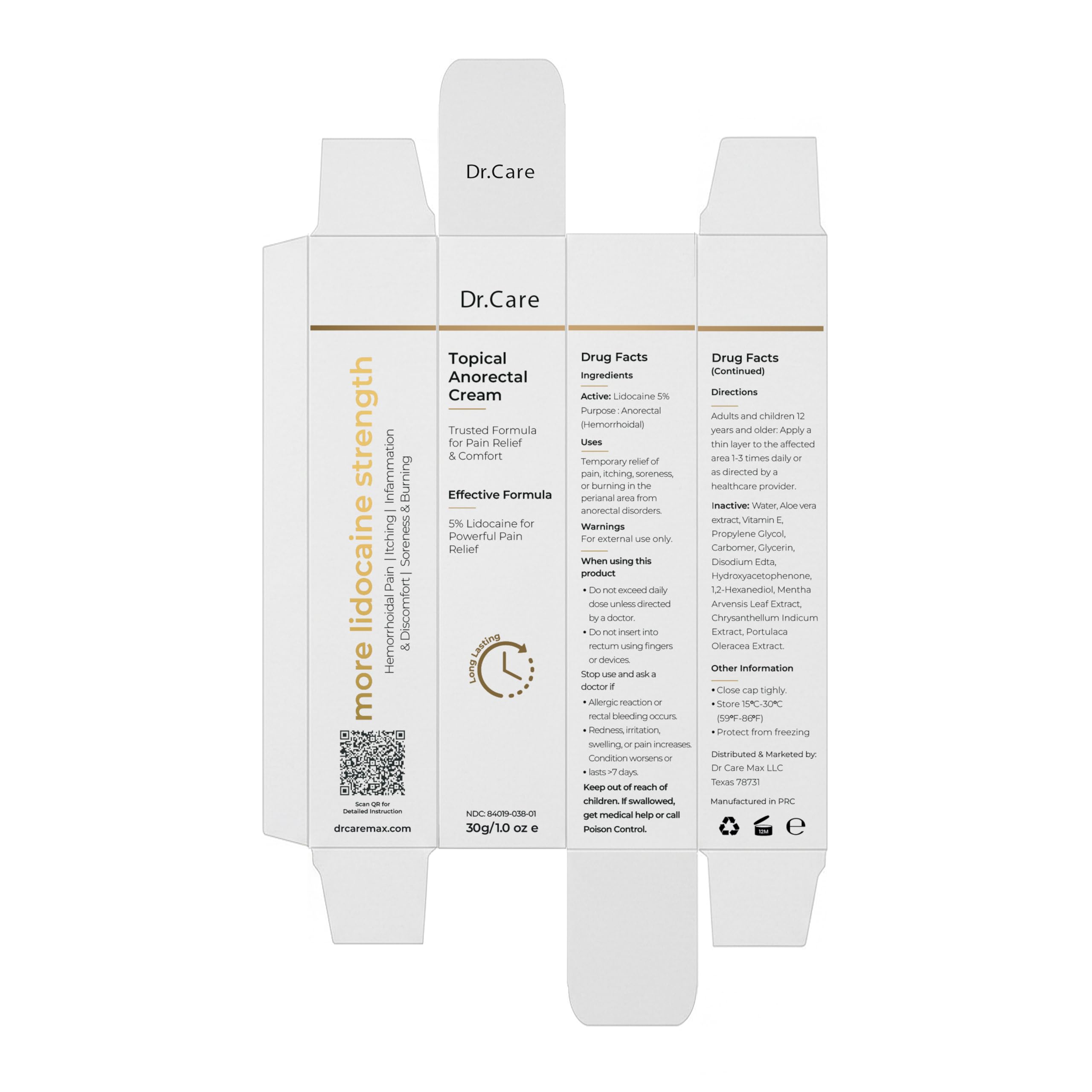 Dr Care Anorectal Cream with 5% Lidocaine - Maximum Strength Topical Anesthetic for Hemorrhoid Relief, Itching, & Burning (1.0 oz) Dr CareBuy Supplements Australia
